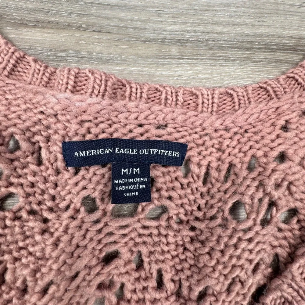 American Eagle Dusty Rose Open Knit Crochet Sweater Size M Wool‎ Blend coquette